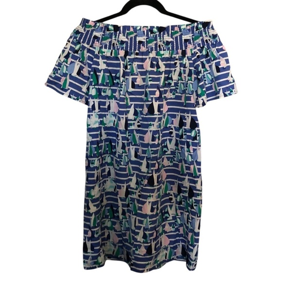 Vineyard Vines Smocked Mini Dress Off the shoulder Boat print dress - Picture 1 of 6